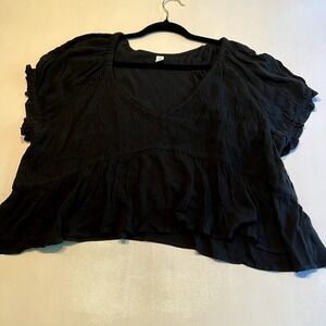 BP Women's Smocked V Neck Peplum Top Short Sleeve Black 2X‎
